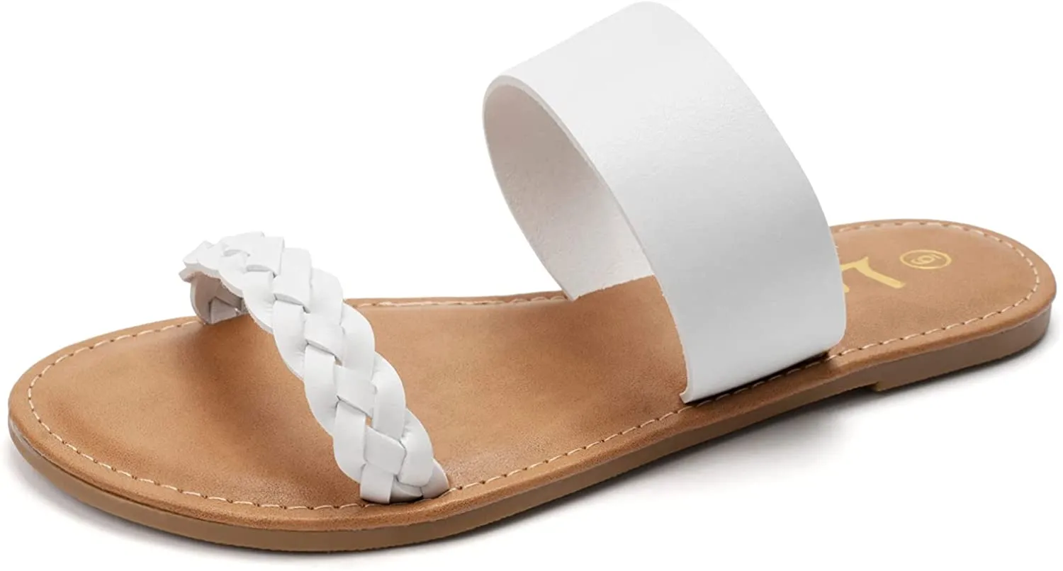 Women's Braided Slide Sandals Open Toe Two Strap Slip On Flat Sandals