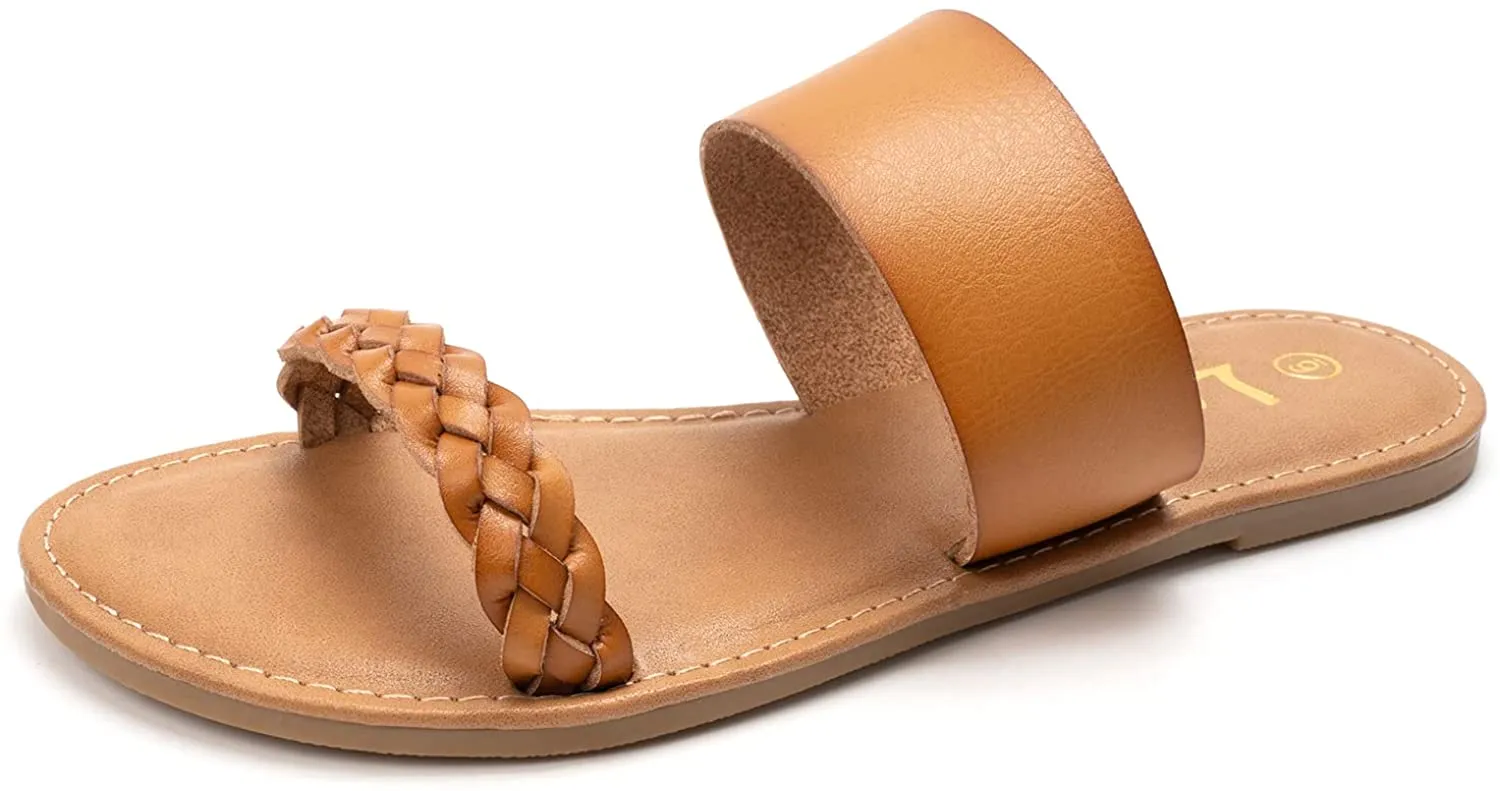 Women's Braided Slide Sandals Open Toe Two Strap Slip On Flat Sandals