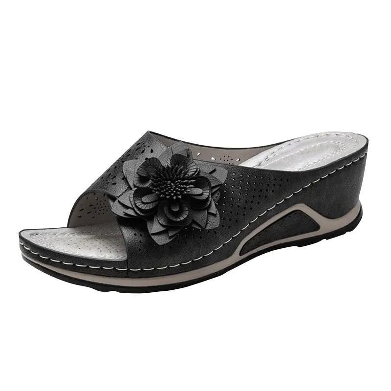 Womens Flowers Wedge Fish Mouth Platform Open Toe Slippers