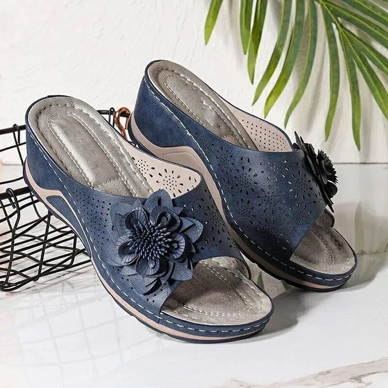 Womens Flowers Wedge Fish Mouth Platform Open Toe Slippers