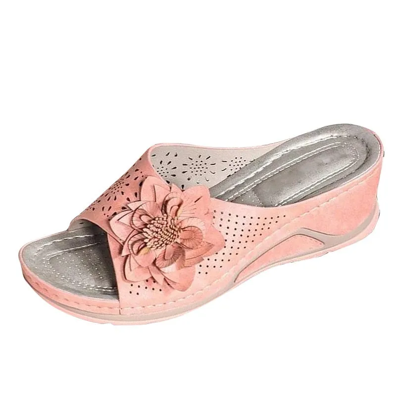 Womens Flowers Wedge Fish Mouth Platform Open Toe Slippers