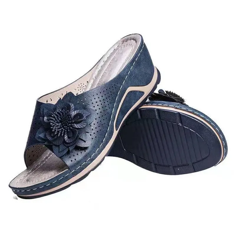 Womens Flowers Wedge Fish Mouth Platform Open Toe Slippers