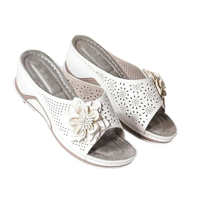 Womens Flowers Wedge Fish Mouth Platform Open Toe Slippers