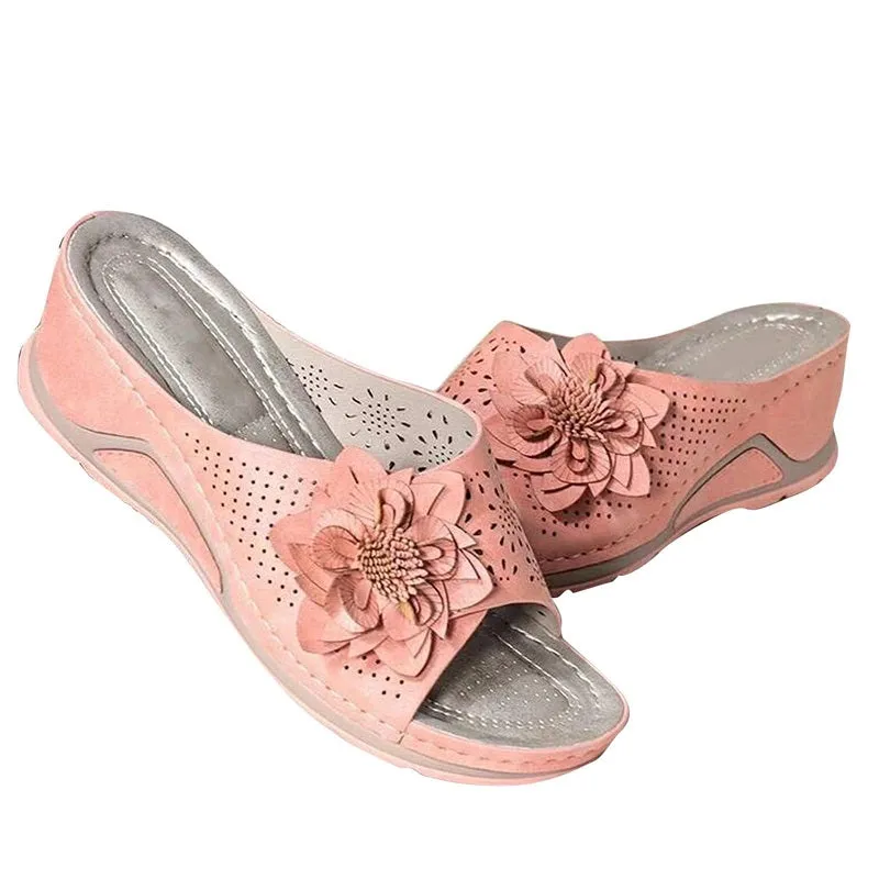 Womens Flowers Wedge Fish Mouth Platform Open Toe Slippers