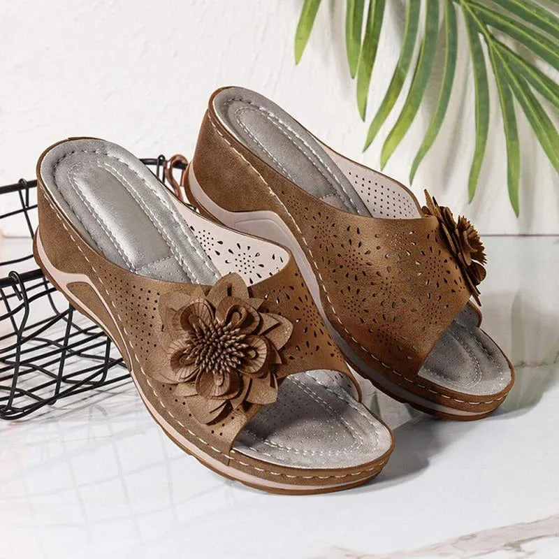 Womens Flowers Wedge Fish Mouth Platform Open Toe Slippers