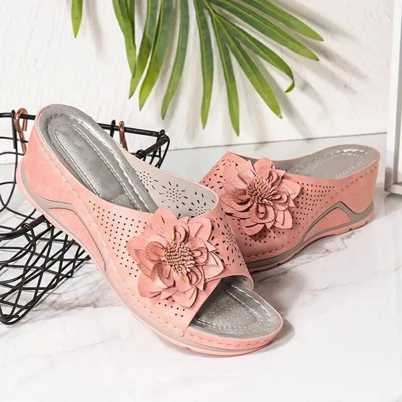 Womens Flowers Wedge Fish Mouth Platform Open Toe Slippers
