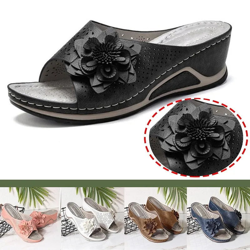 Womens Flowers Wedge Fish Mouth Platform Open Toe Slippers