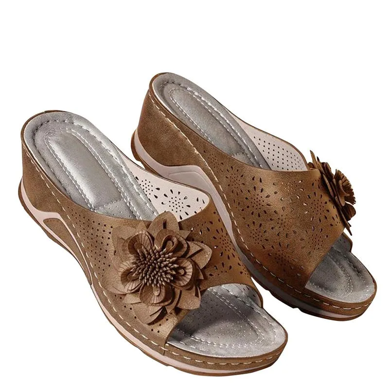 Womens Flowers Wedge Fish Mouth Platform Open Toe Slippers