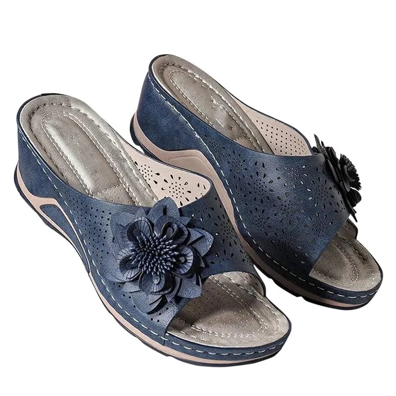 Womens Flowers Wedge Fish Mouth Platform Open Toe Slippers