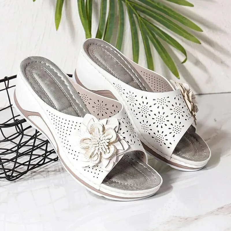 Womens Flowers Wedge Fish Mouth Platform Open Toe Slippers